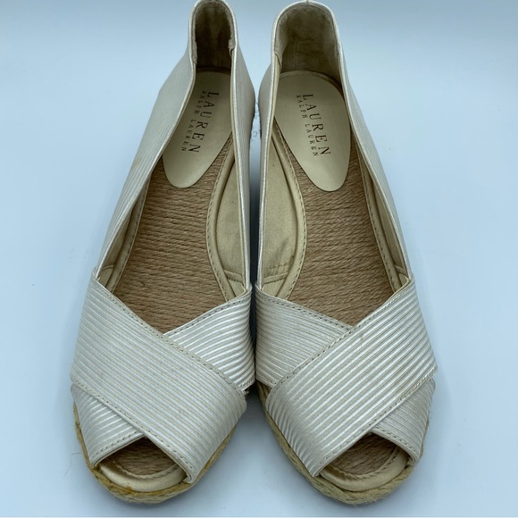 Ralph Lauren Cecilia Wedge Heels Peep Toe Slide On Shoes Sz 7.5 B Champaign - Picture 3 of 9